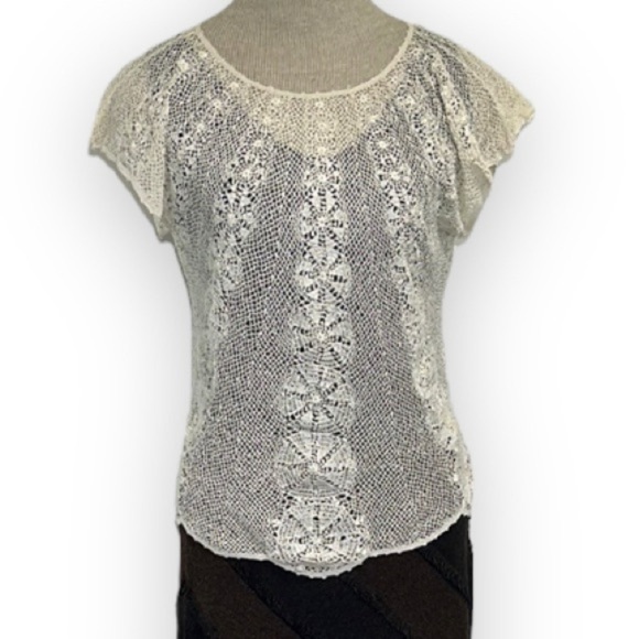 Open Knit Crochet Sweater Womens Size Medium Cap Sleeves Handmade Silk Sheer Top - Picture 11 of 12